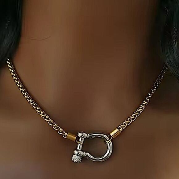 Horseshoe Gold Silver Statement Choker Necklace, Horse D Ring - Picture 2 of 3